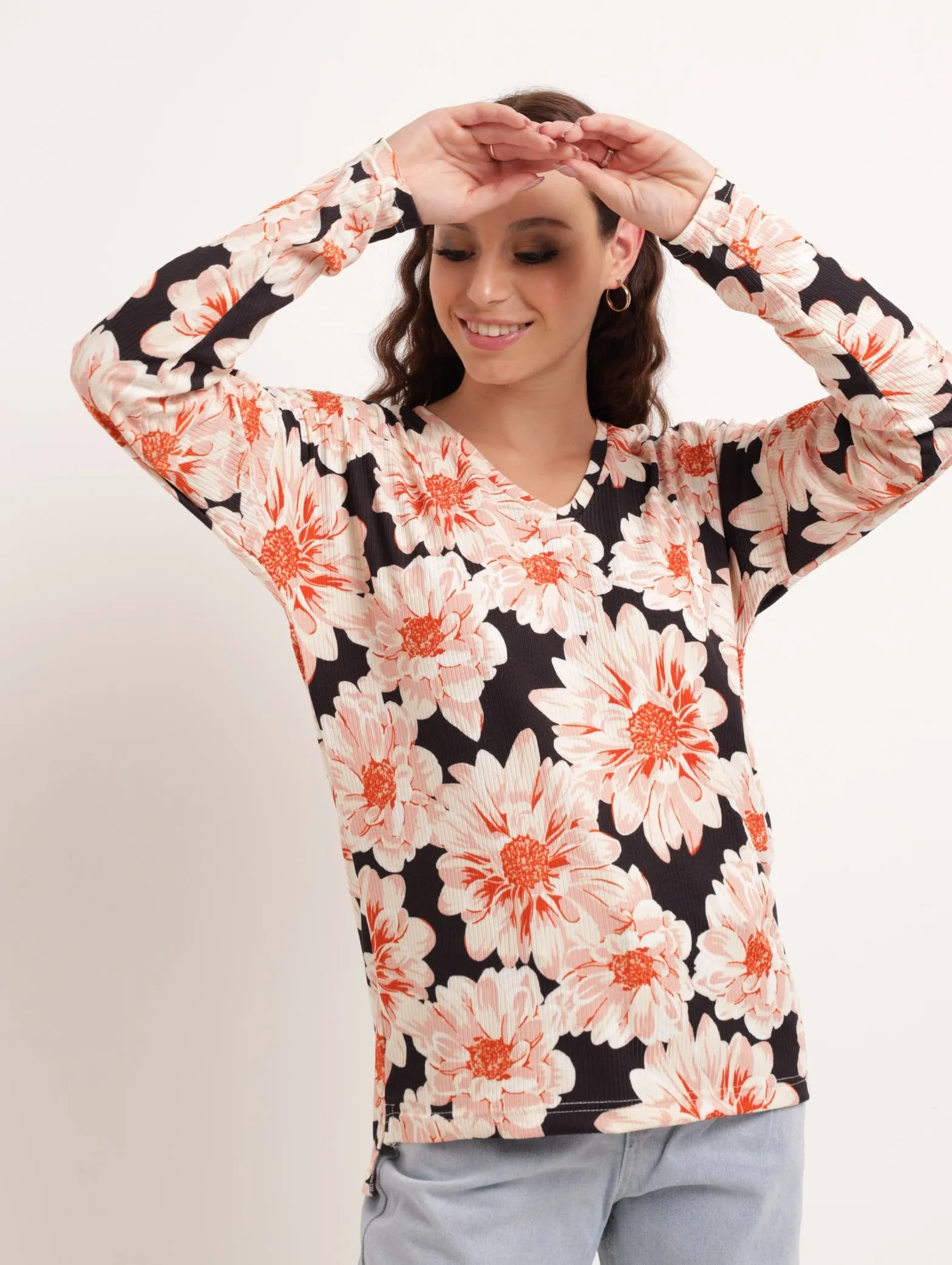 Ladies Long Sleeve Side Slit Relaxed Vee Neck Tee - Floral sold by Edgars