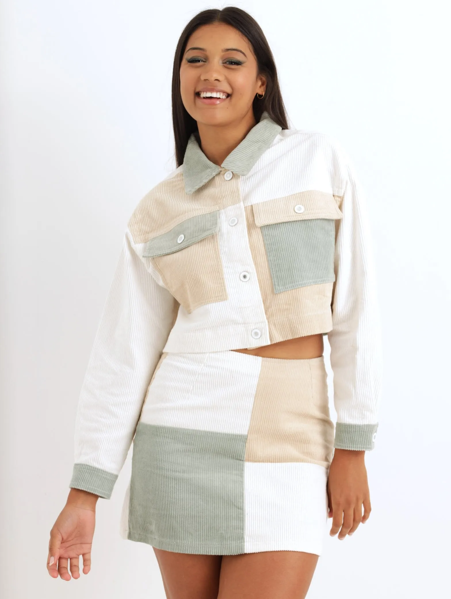 Ladies Cord Blocked Jacket - Sage sold by Edgars