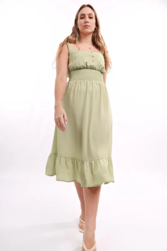 Ladies Shirred Waist Frill Hem Midi Dress - Sage sold by Edgars