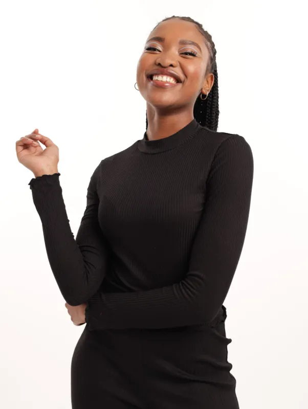 Ladies Long Sleeve Rib Basic Top - Black sold by Edgars
