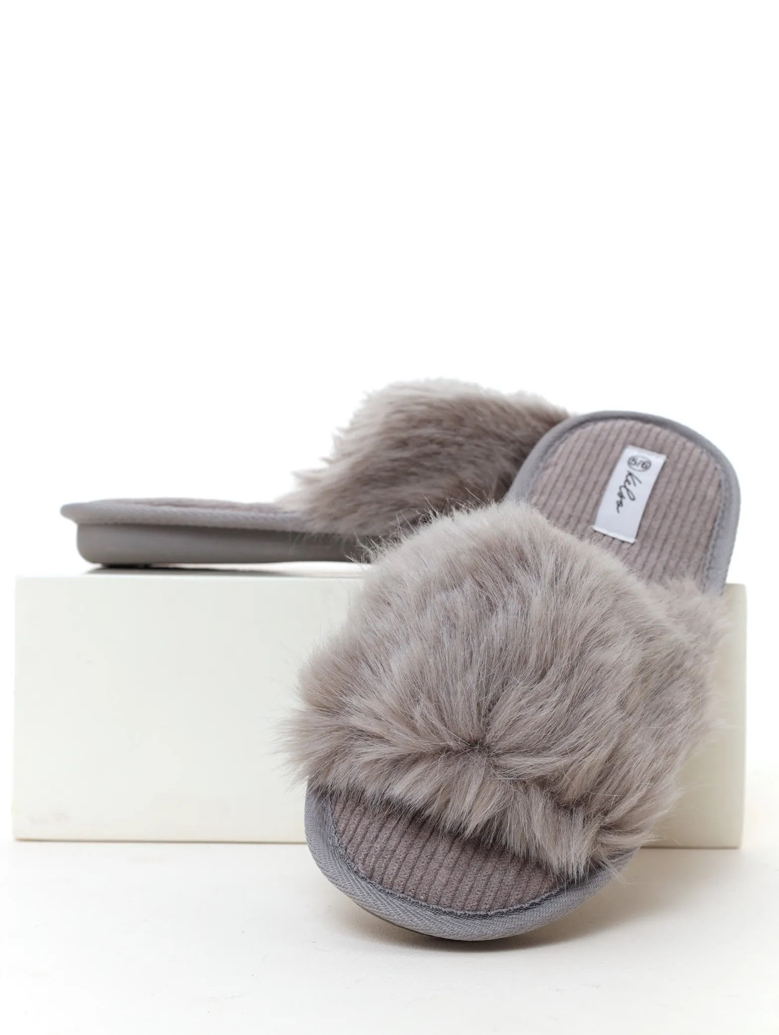 Ladies Open Toe Feather Mule Slipper - Grey sold by Edgars
