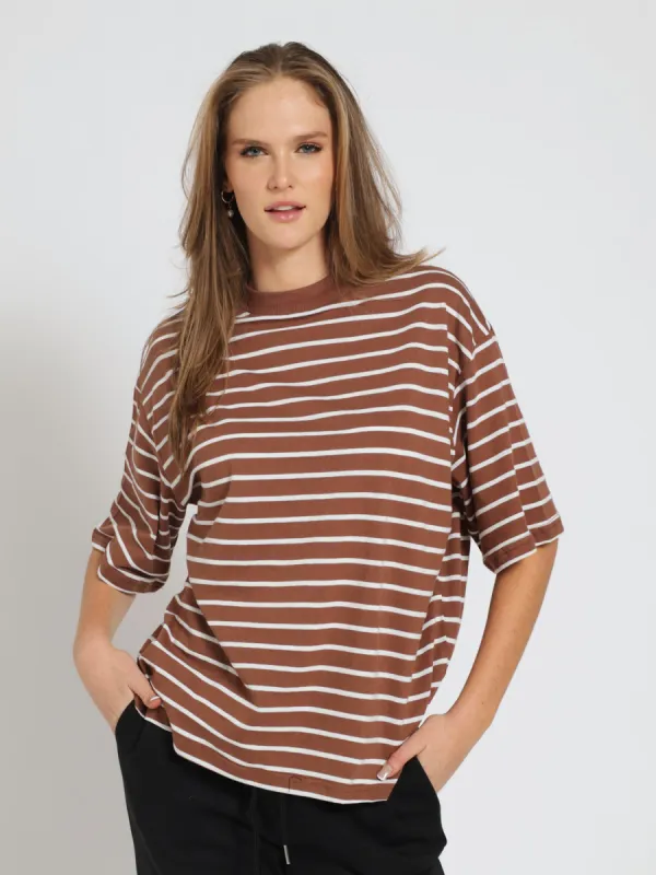 Drop Shoulder Stripe Boxy Tee - Brown/White sold by Edgars 