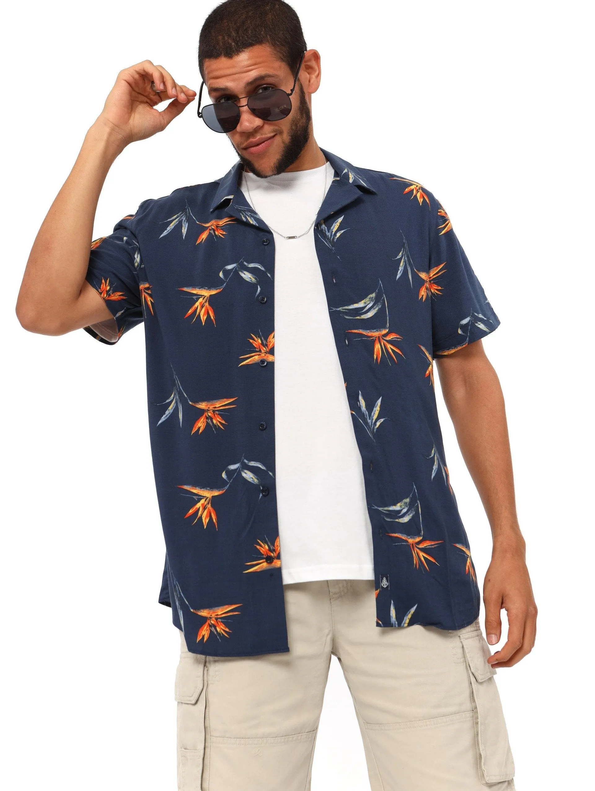 Men's Short Sleeve Viscose Floral Print Shirt - Navy sold by Edgars