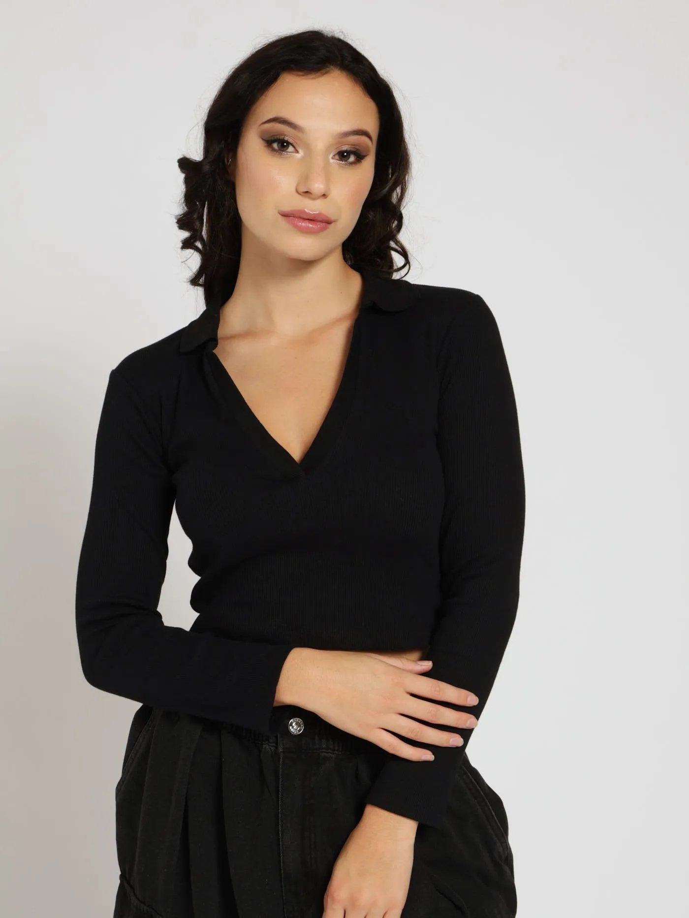 Long Sleeve Basic Collar Top - Black sold by Edgars