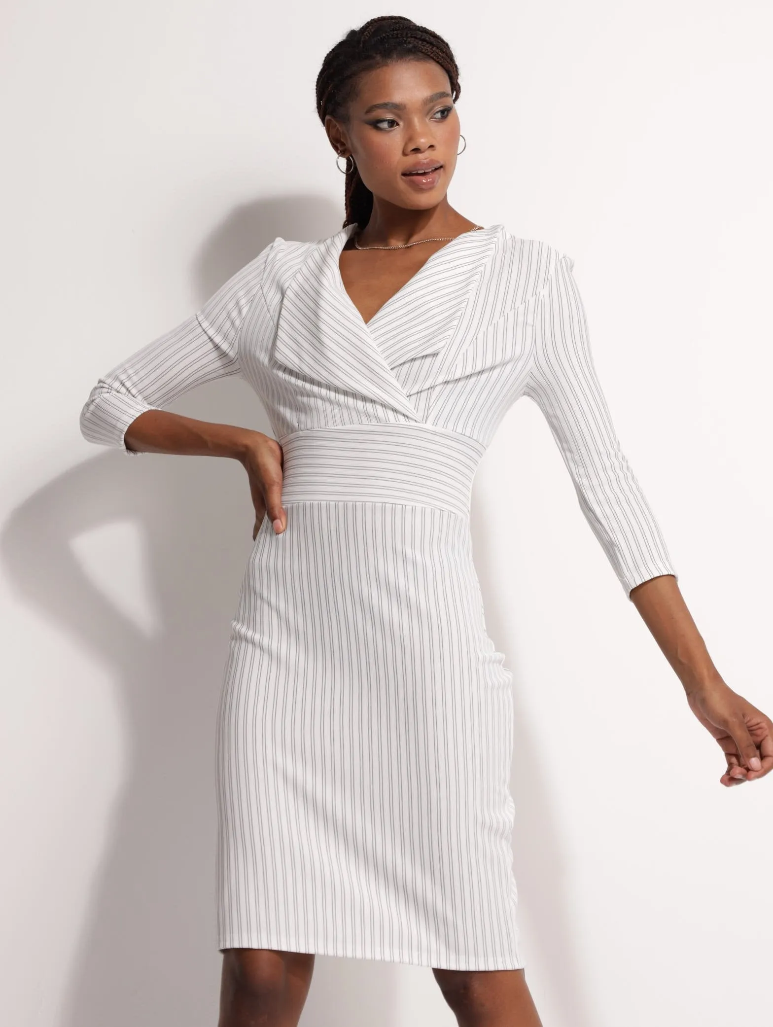 Ladies Blazer Look 3/4 Sleeve Striped Bodycon Dress sold by Edgars
