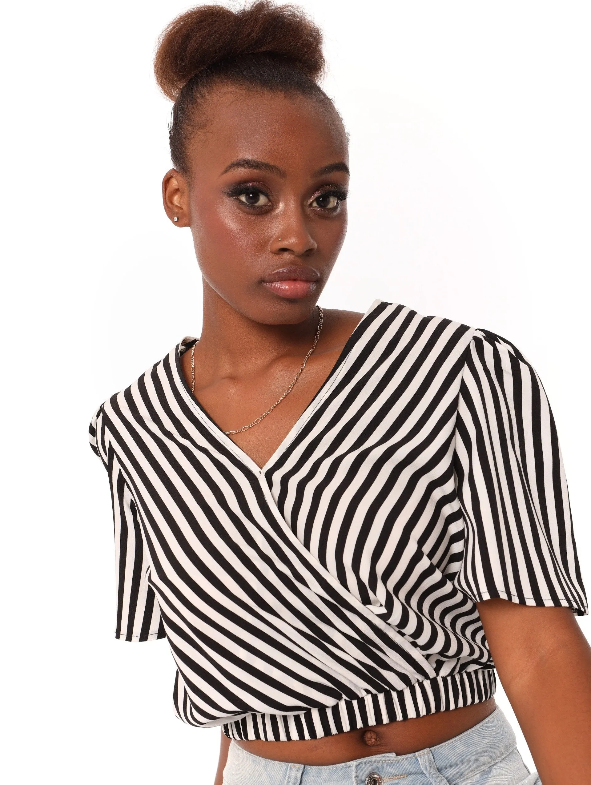 Ladies Crossover Elastic Hem Blouse - White/Black sold by Edgars