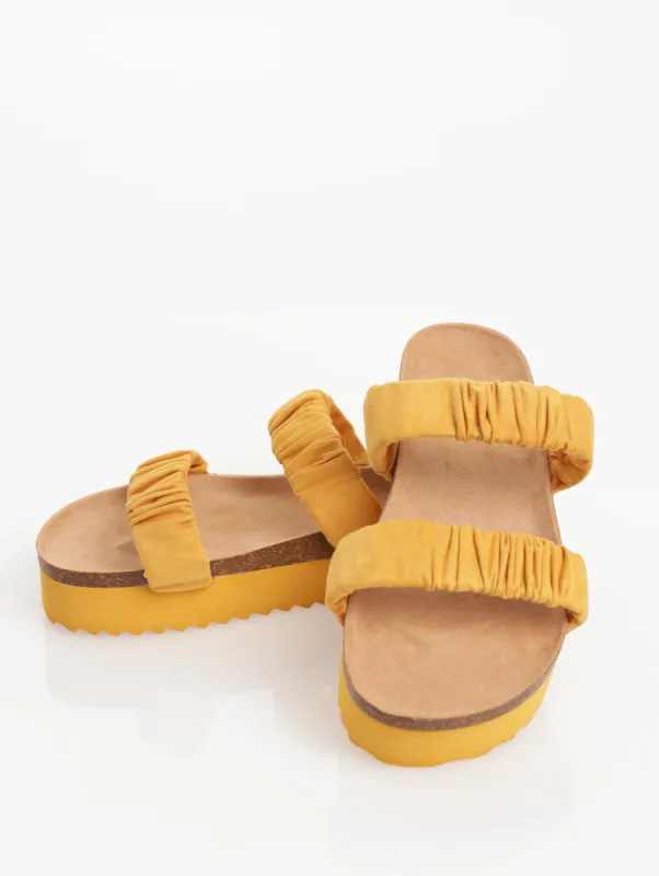 Ladies Double Rouched Strap Platform Sandal - Mustard sold by Edgars