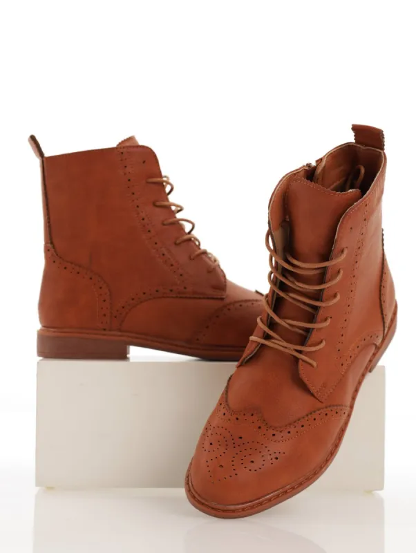 Ladies Flat Brogue Lace-Up Boot - Tan sold by Edgars