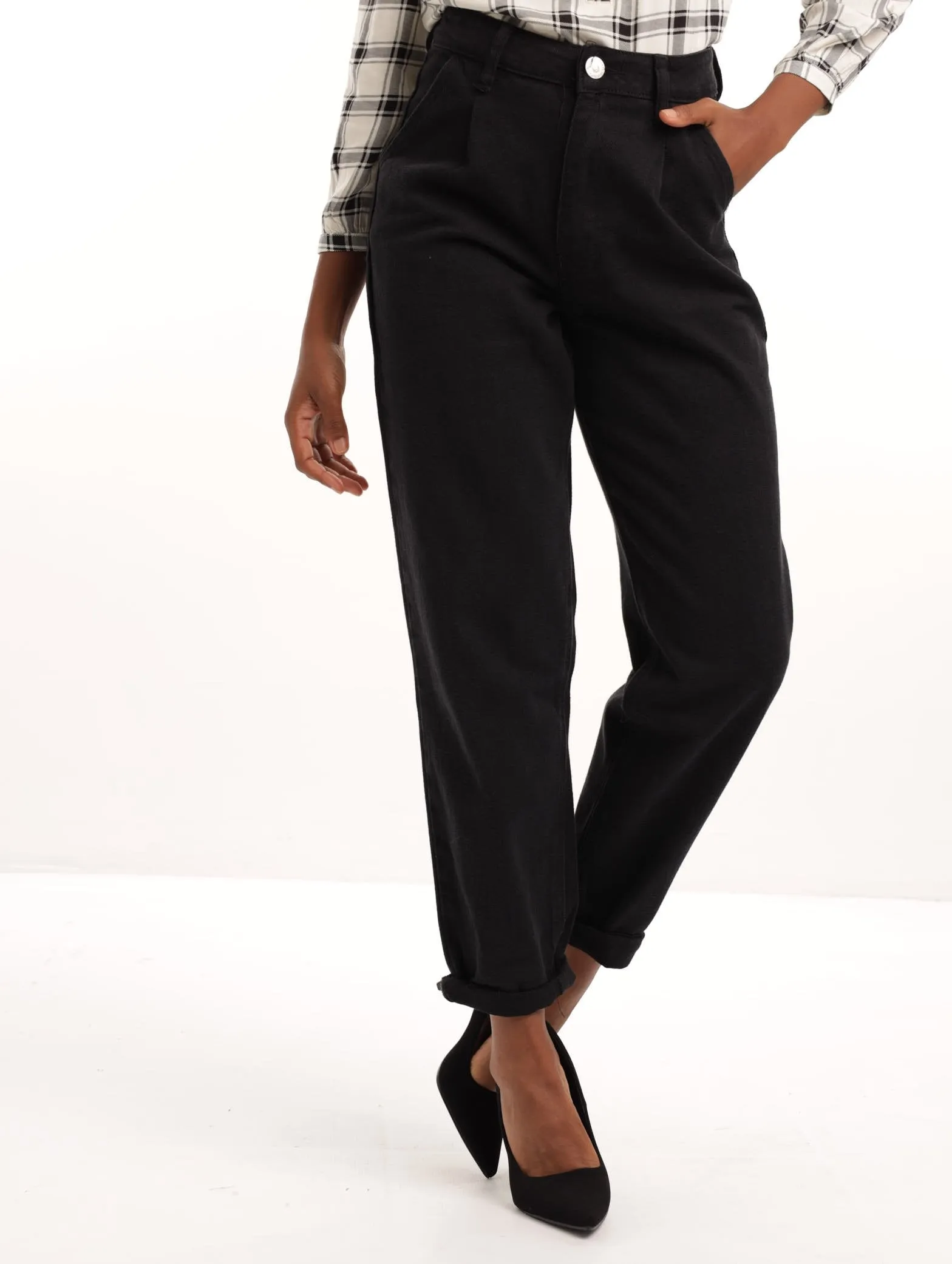 Ladies Black Front Pleated Balloon Denim Jean sold by Edgars