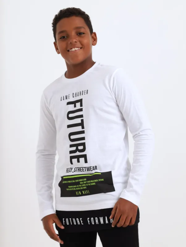 Boys Long Sleeve Future Step Hem Tee - White sold by Edgars