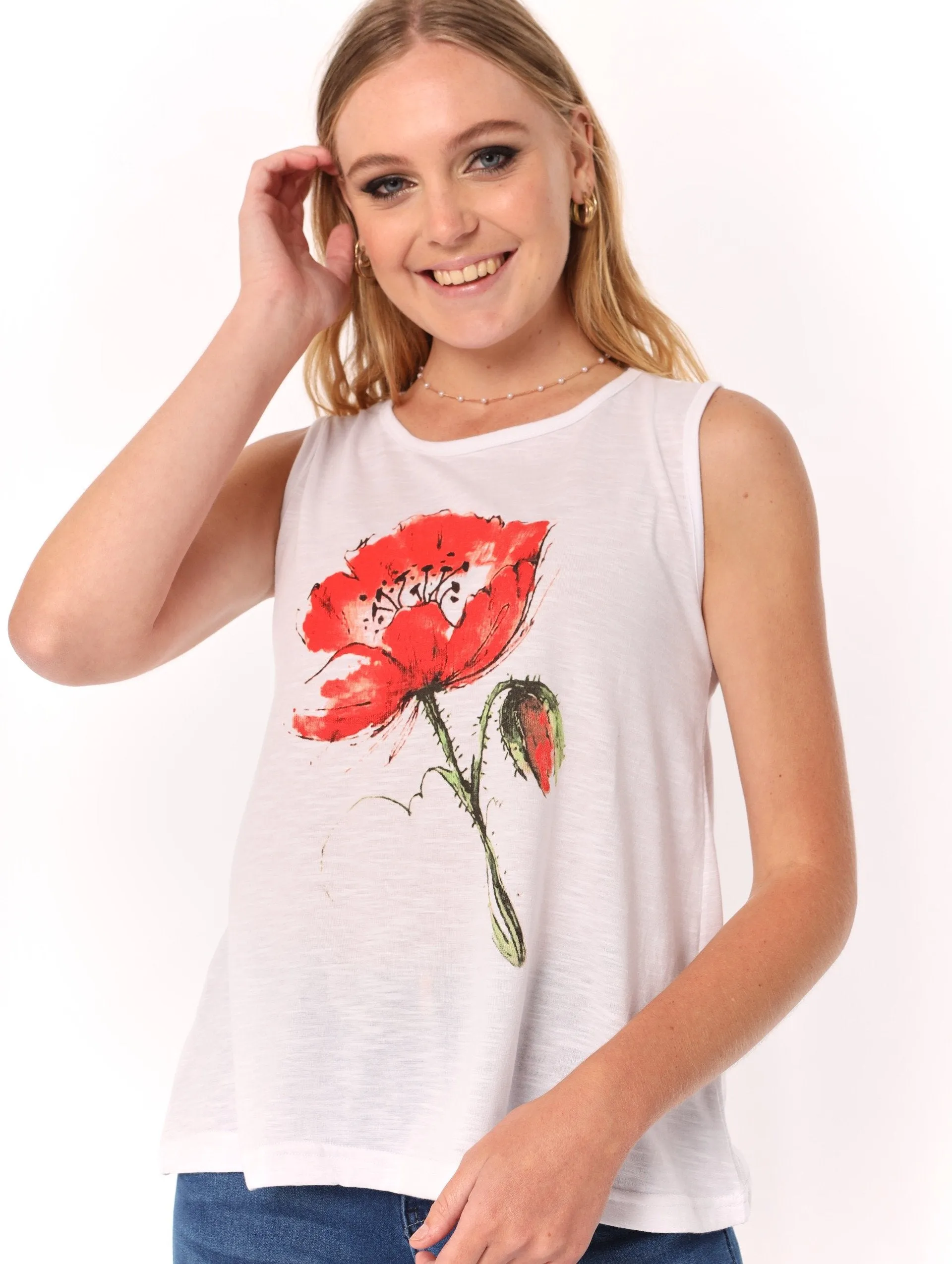 Ladies Slub Swing Tank Orange Flower - White sold by Edgars