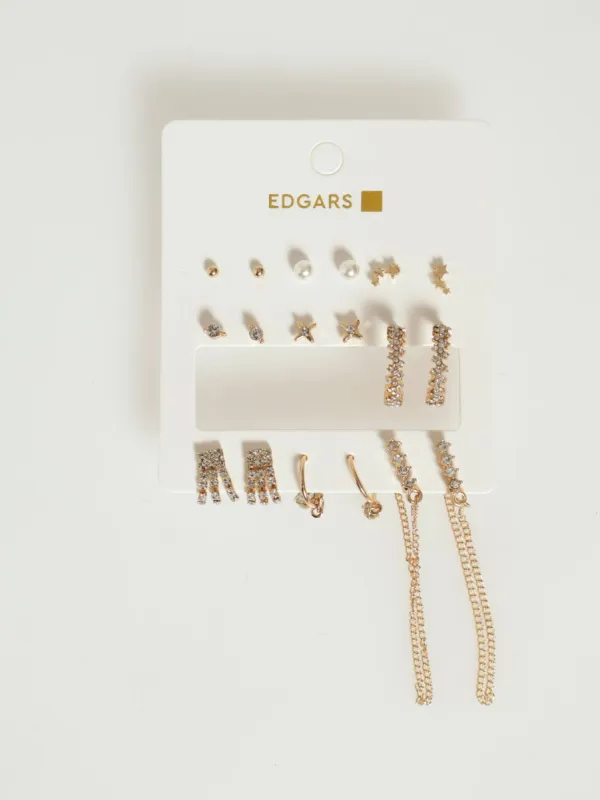 9 Pack Diamante Hoop & Star Earrings - Gold sold by Edgars