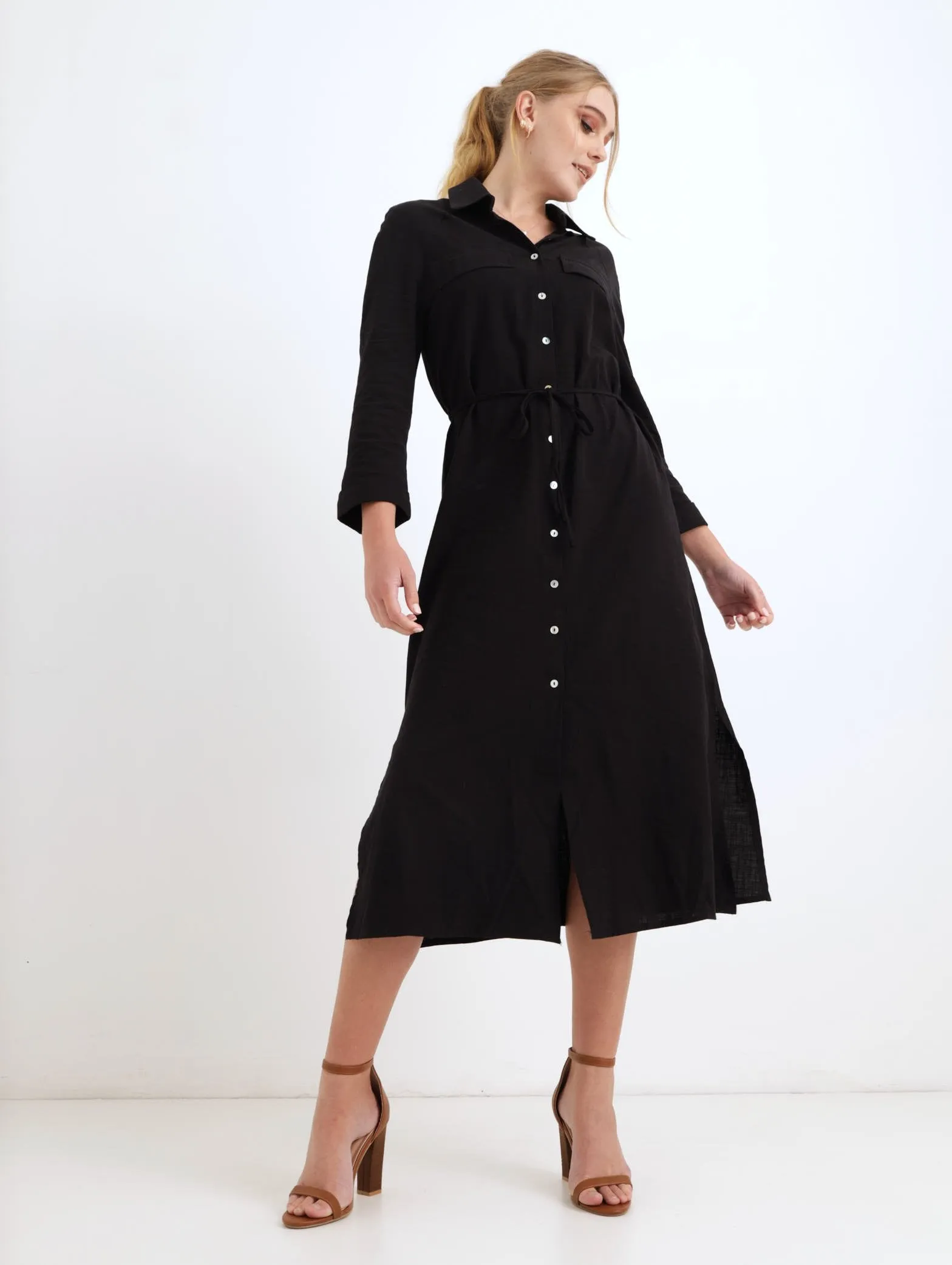 Ladies Roll Sleeve Midi Shirt Dress - Black sold by Edgars