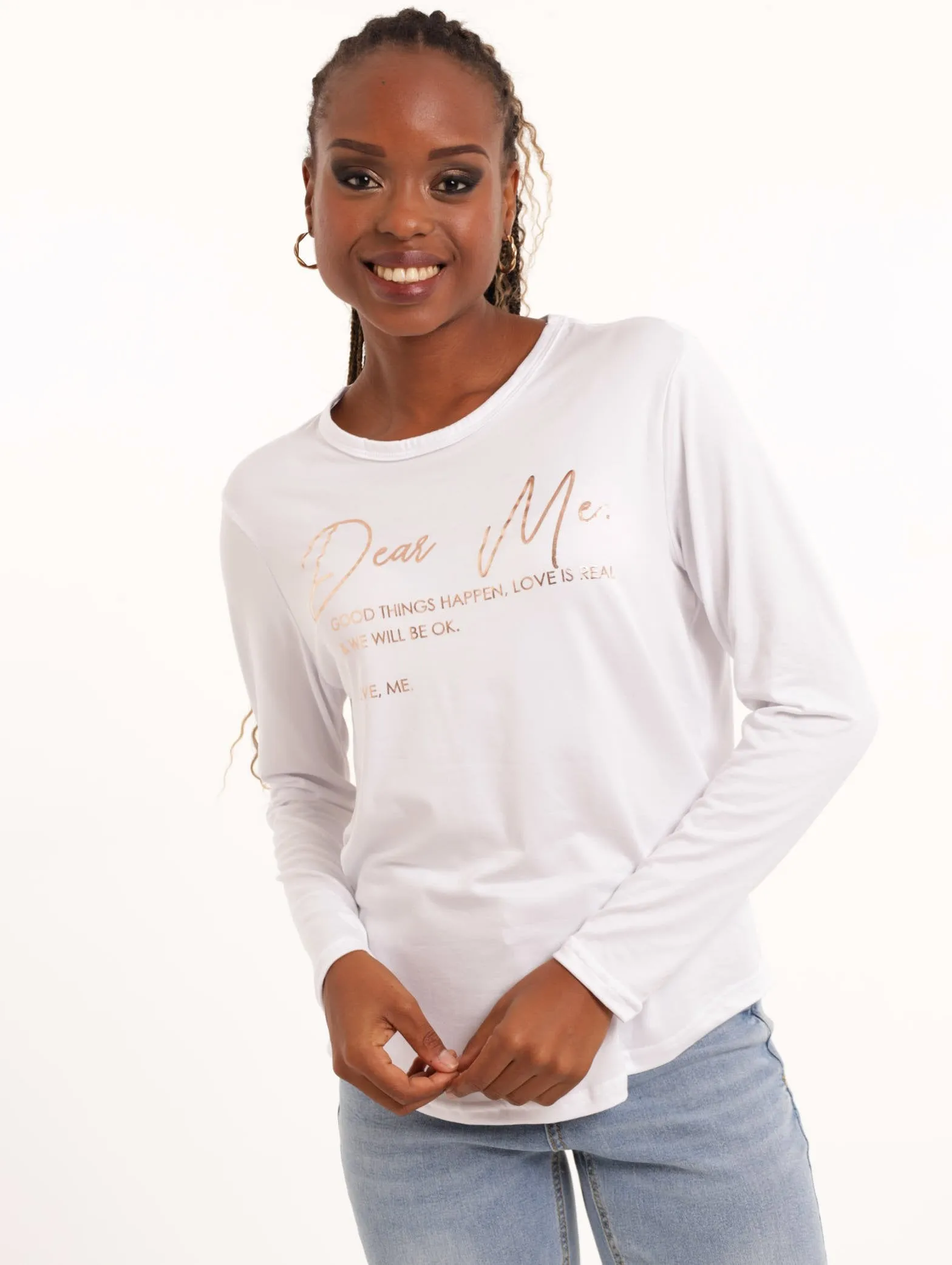 Ladies Long Sleeve Curved Hem Dear Me Slogan Tee - White sold by Edgars