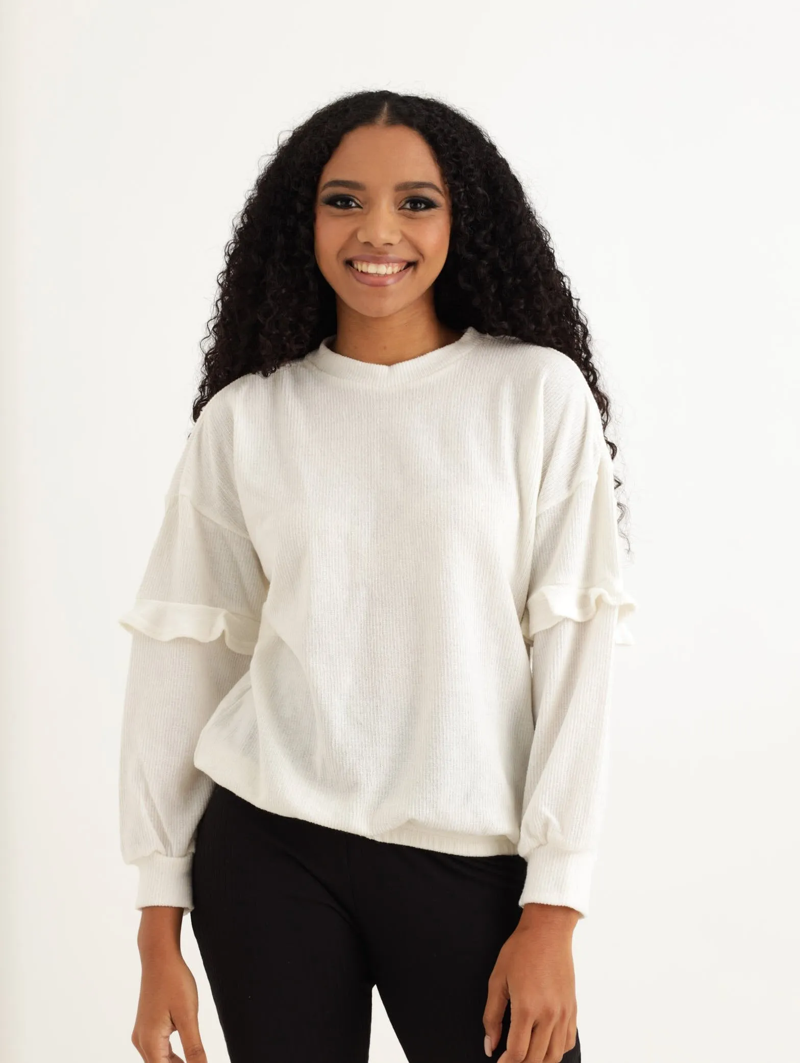 Ladies Long Sleeve Frill Sleeve Soft Touch Top - Milk sold by Edgars