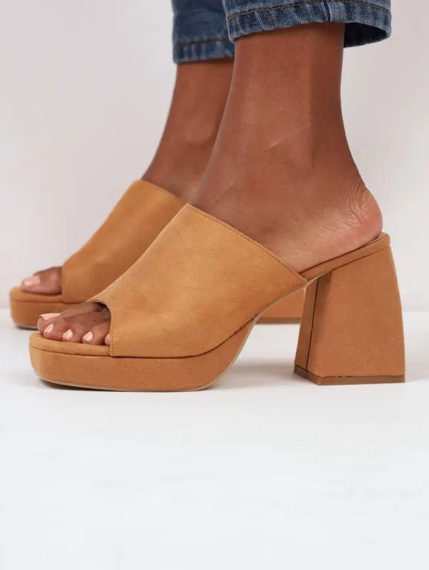 Ladies Platform Block Heel Push-In Mule - Camel sold by Edgars