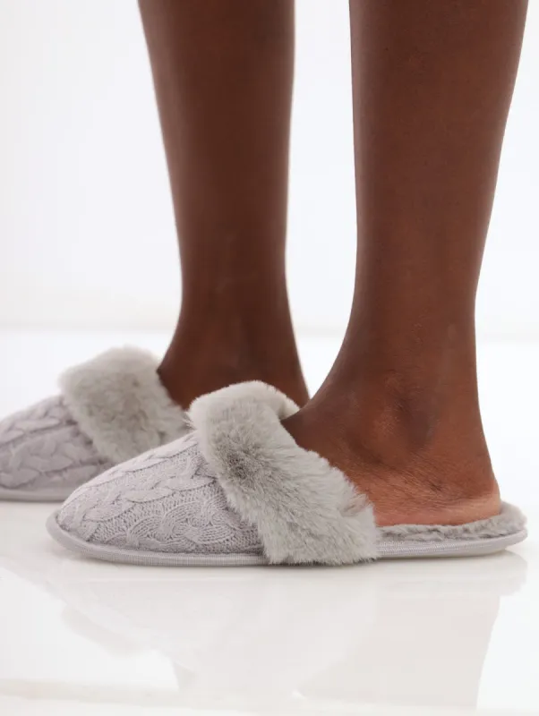 Ladies Knitted Closed Toe Slipper with Fur - Grey sold by Edgars