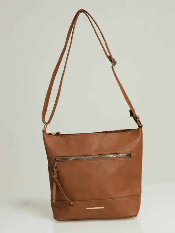 Front Zip Messenger Bag - Tan sold by Edgars