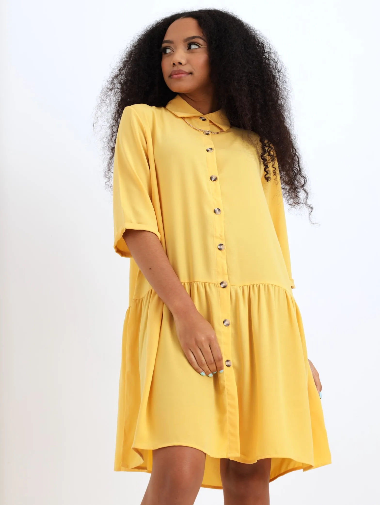 Ladies Dropped Waist Button Through Dress - Mid Yellow sold by Edgars