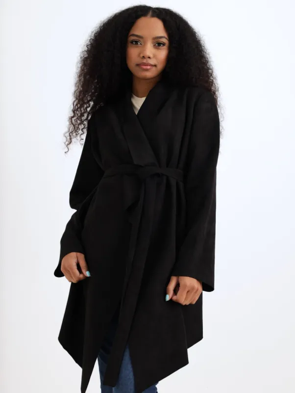 Ladies Tie Belt Suede Waterfall Jacket - Black sold by Edgars
