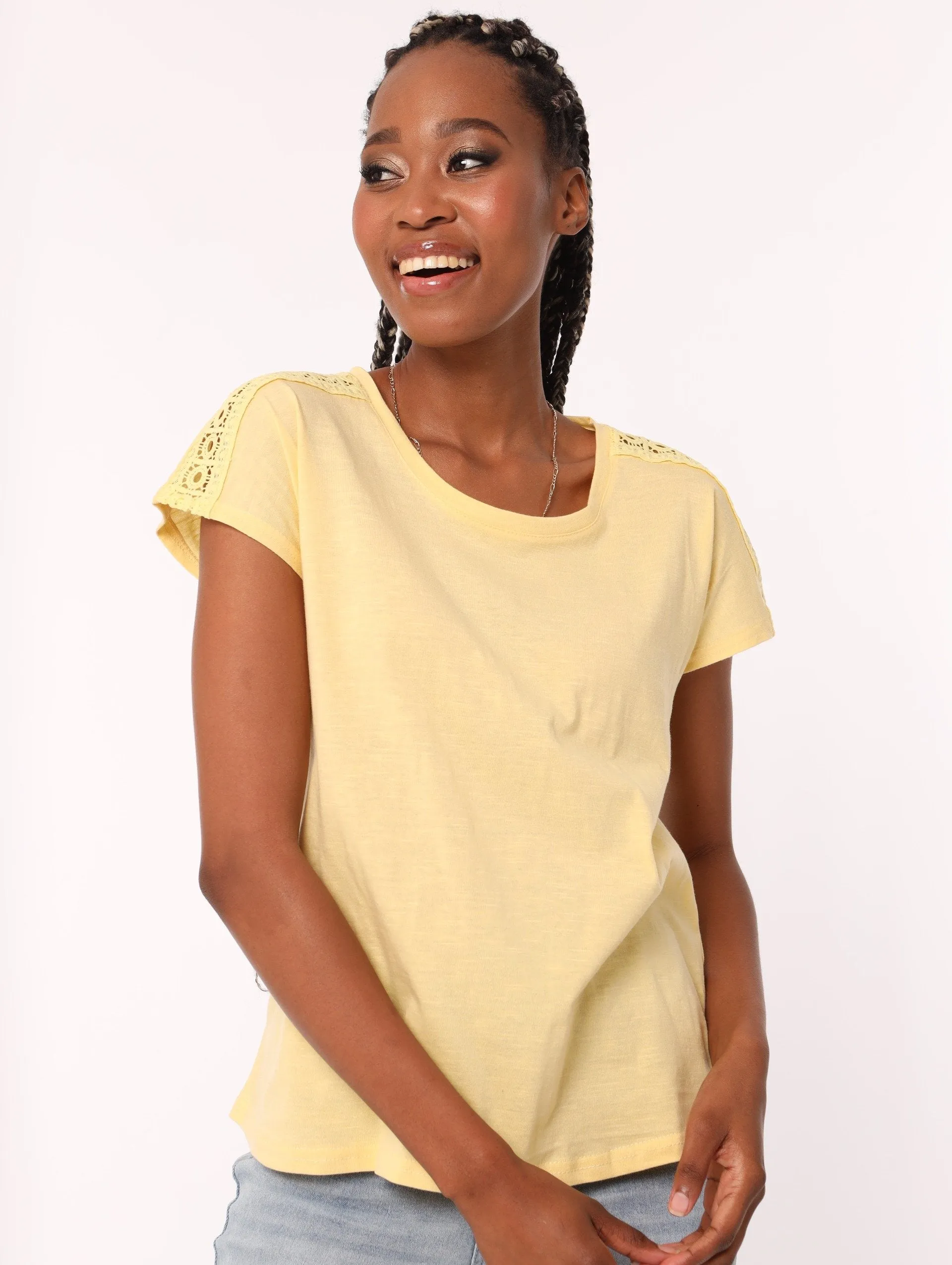 Ladies Shoulder Lace Inset Tee - Yellow sold by Edgars