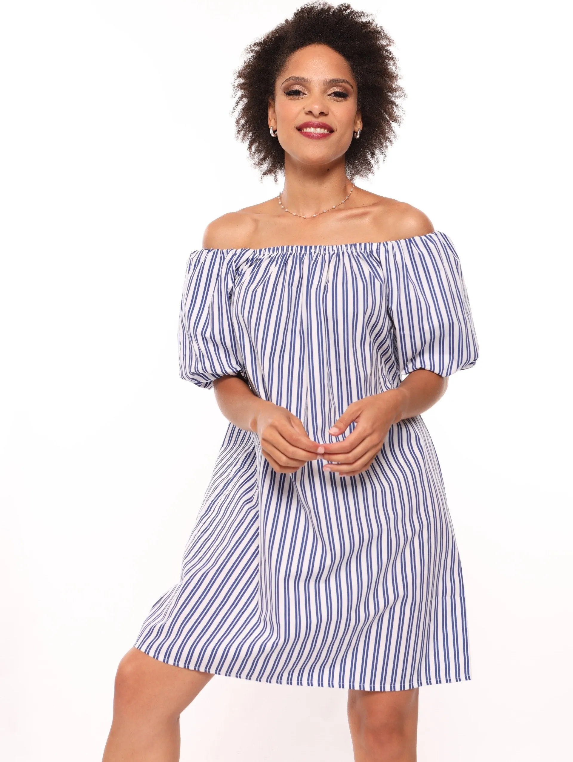 Ladies Stripe Puff Sleeve Bardot Flare Mini Dress - Blue sold by Edgars