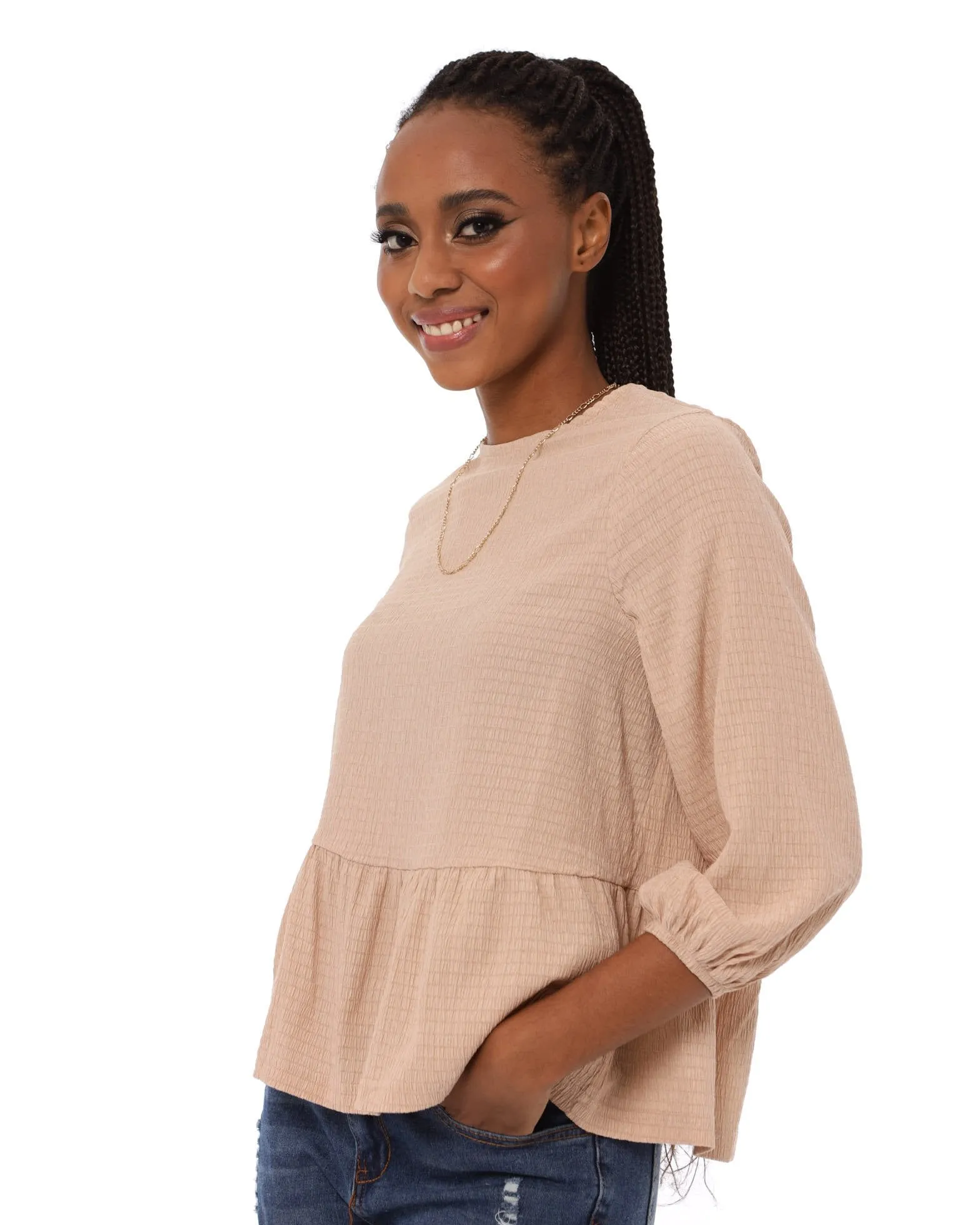 Ladies 3/4 Sleeve Textured Peplum Blouse - Stone sold by Edgars