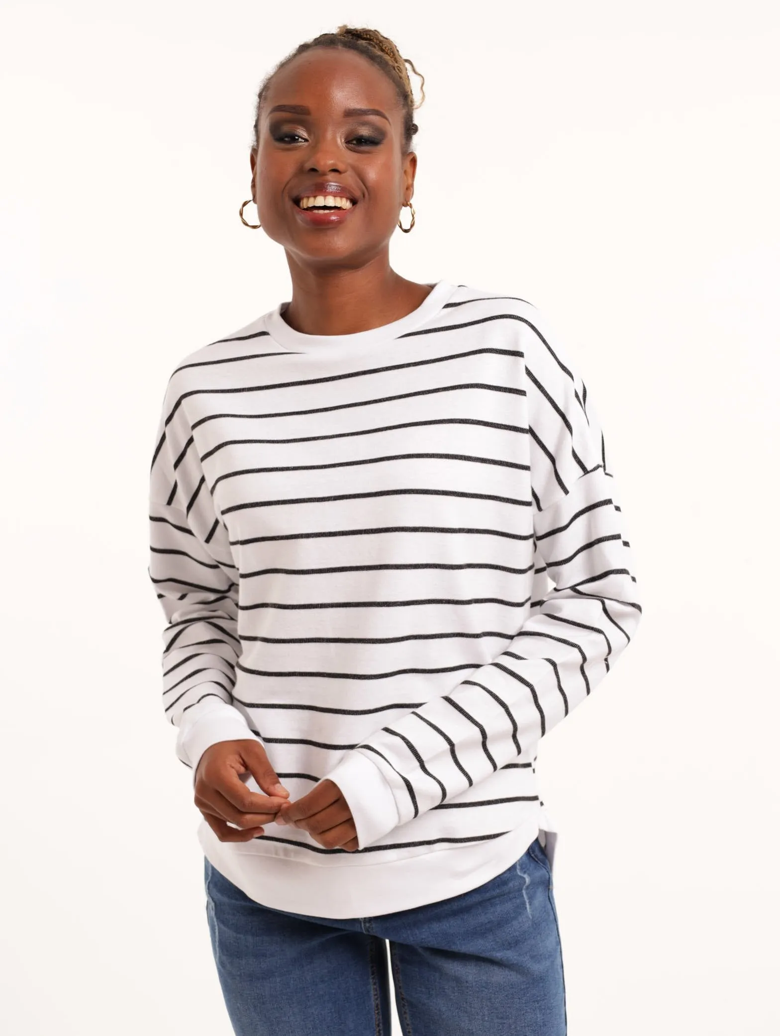 Ladies Stripe Active Curved Hem Pullover - White/Black sold by Edgars