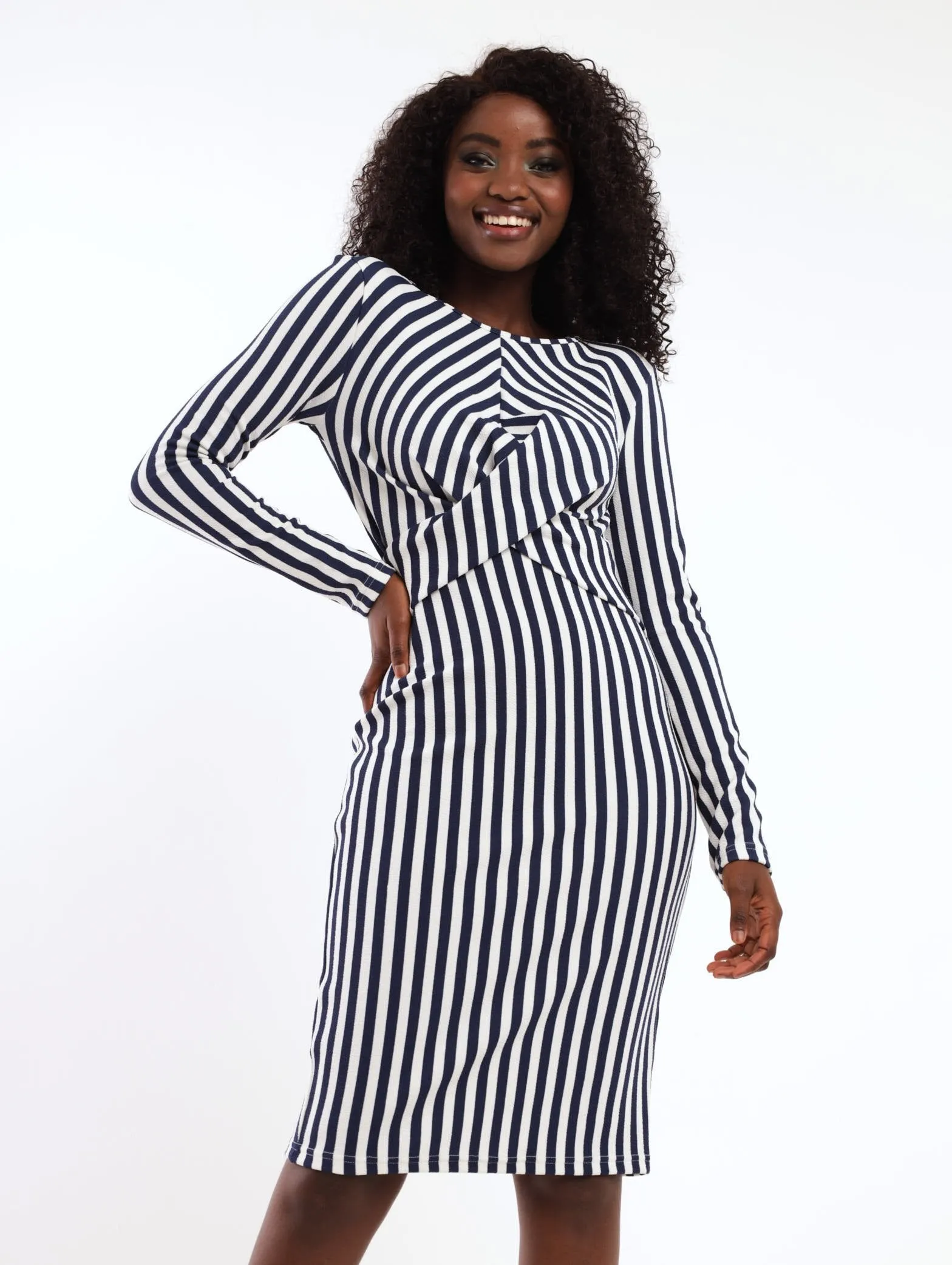 Ladies Long Sleeve Stripe Knot Front Bodycon Dress - Navy sold by Edgars
