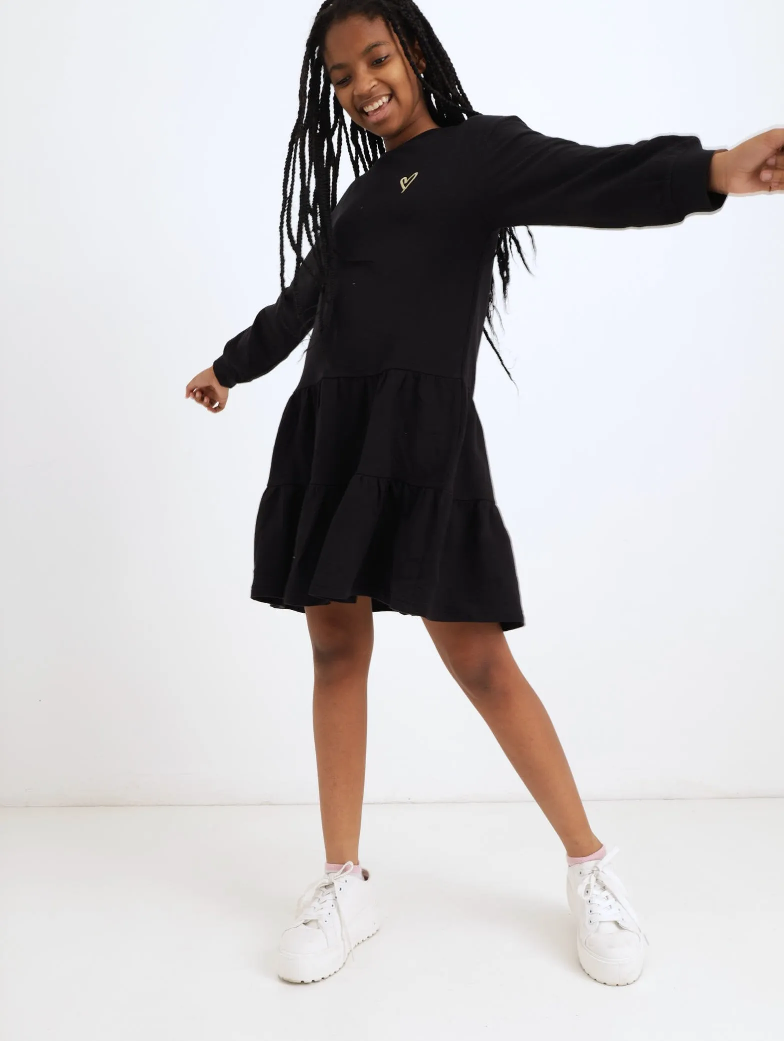 Girls Long Sleeve Fleece Two Tiered Dress - Black sold by Edgars