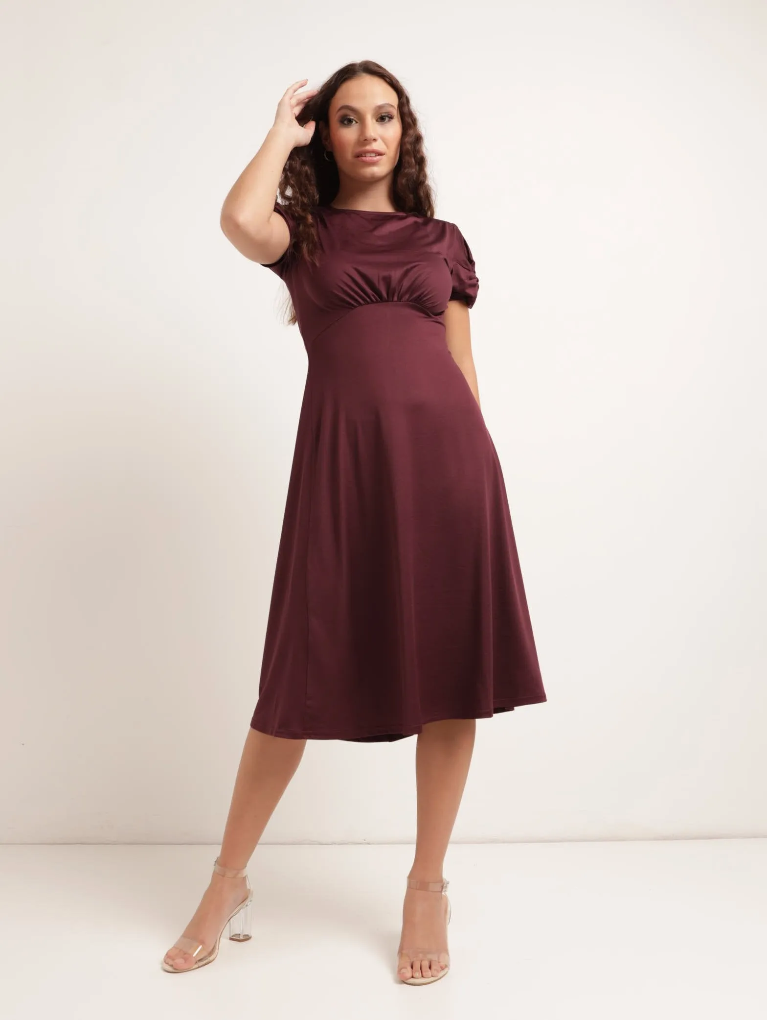 Ladies Twist Sleeve Longer Length Midi Knit Dress - Burgundy sold by Edgars
