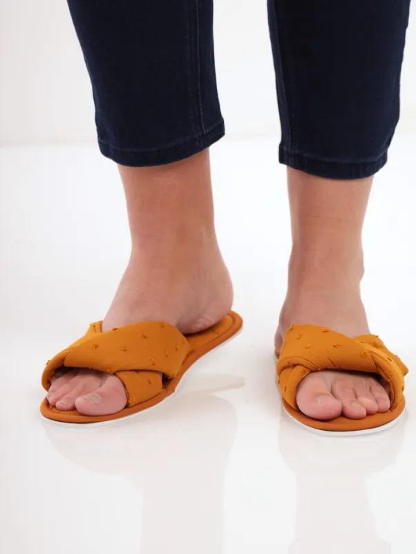 Ladies Crochet Detail Criss Cross Mule Flat Slipper - Mustard sold by Edgars