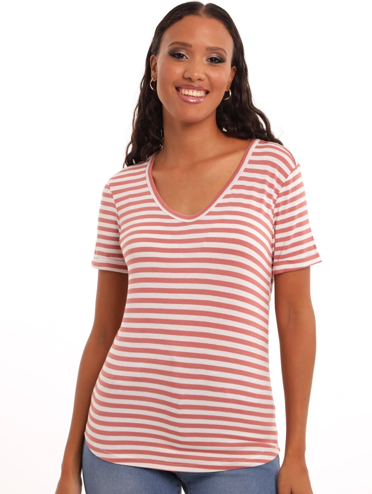 Ladies Striped V-Neck Drapey Tee - Dark Blush sold by Edgars
