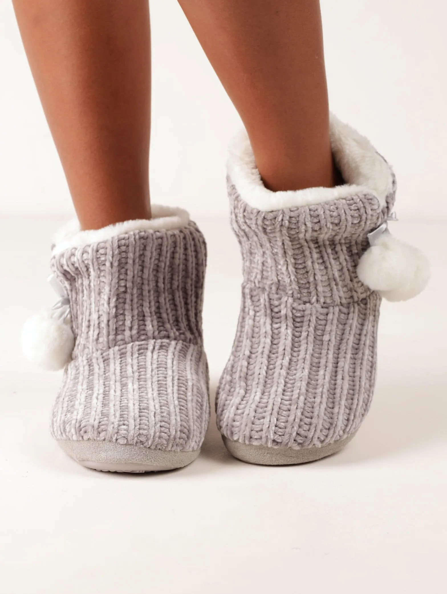 Ladies Chenile Pom Pom Bootie - Grey sold by Edgars
