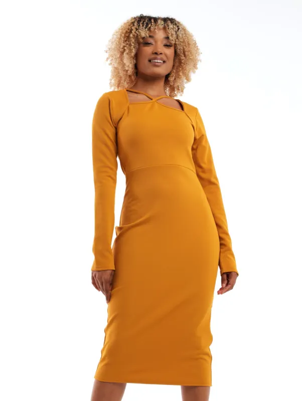 Ladies Long Sleeve Crossfront Bodycon Dress - Mustard sold by Edgars