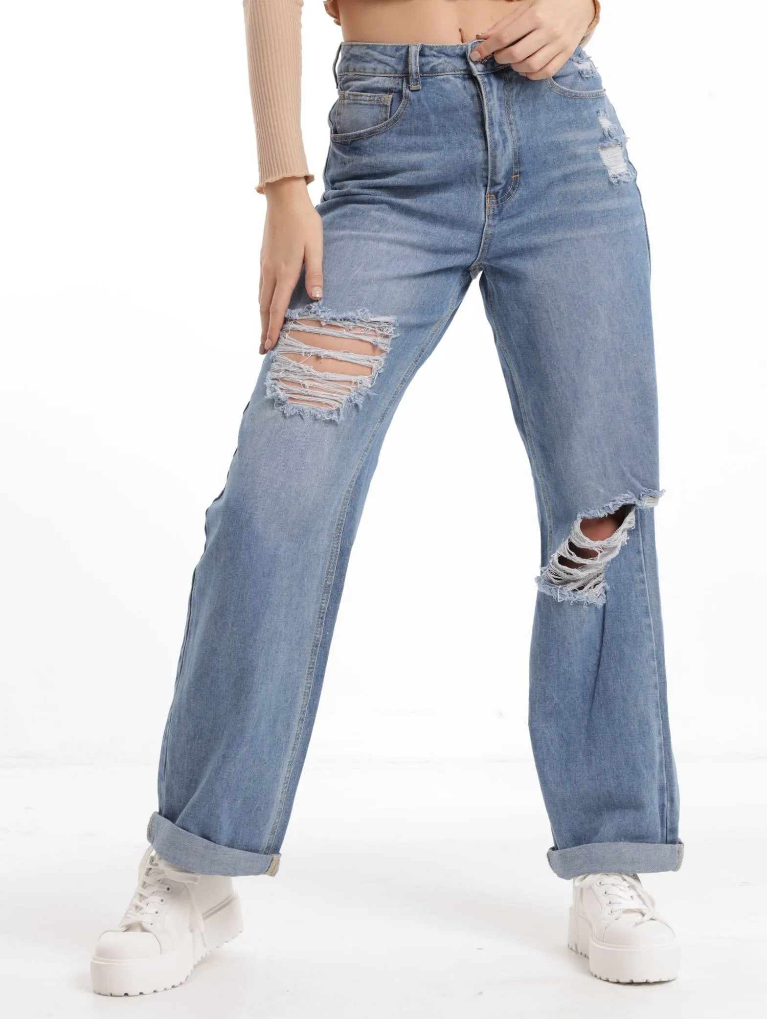 Ladies Stonewash Ripped 90S Fit Denim Jean sold by Edgars