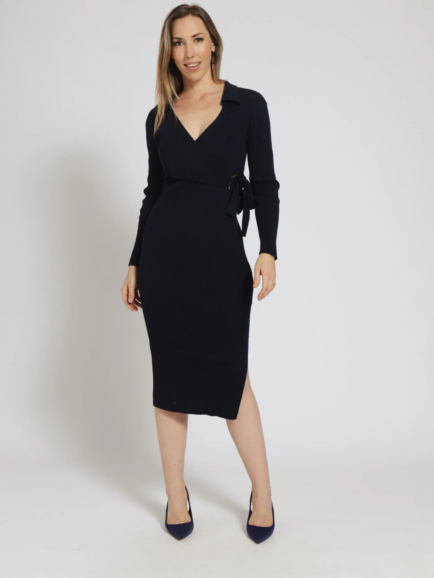 Wrap Buckle Knitwear Midi Dress - Navy sold by Edgars