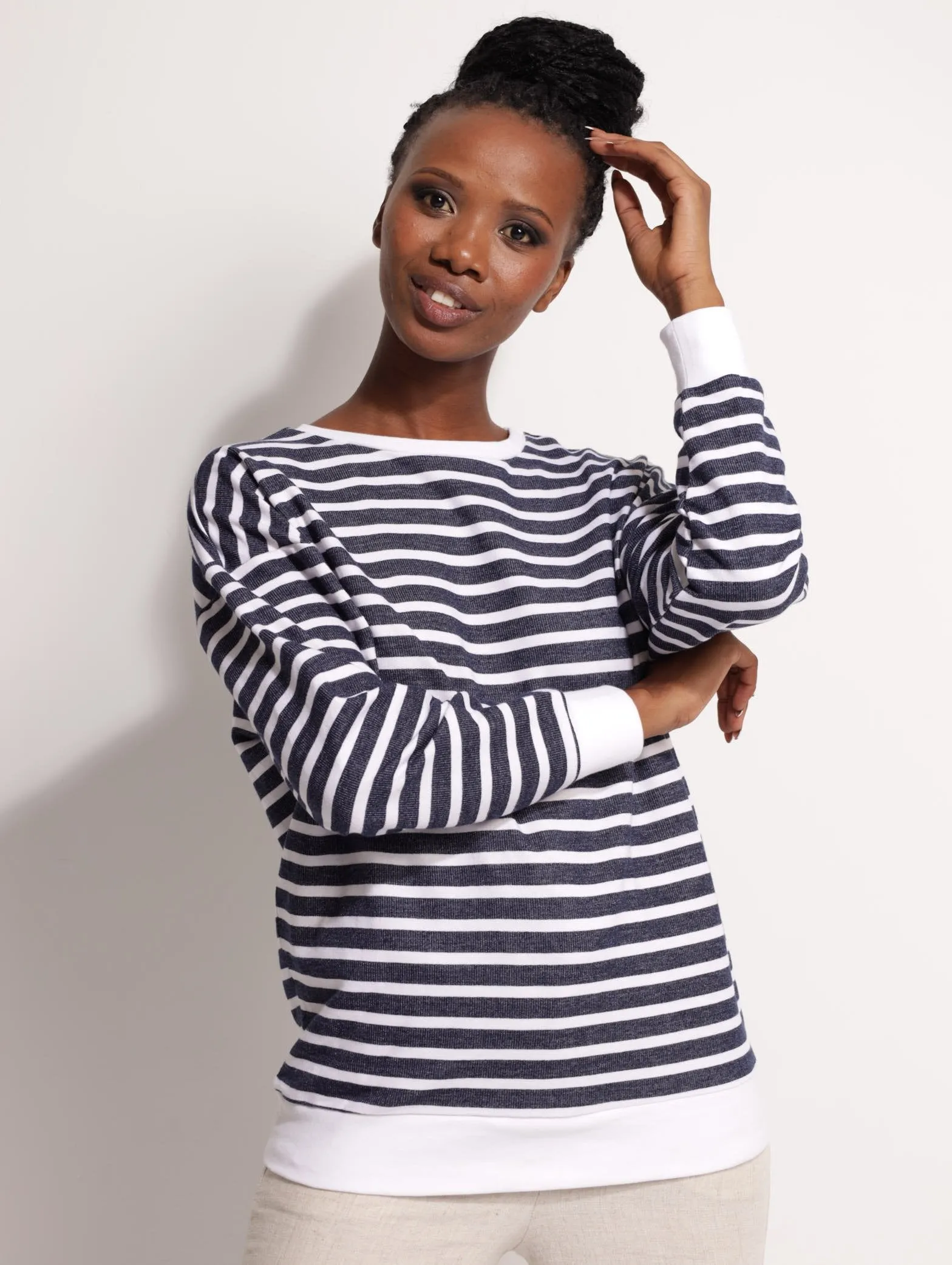 Ladies Striped Active Crew Pullover - Navy/White sold by Edgars