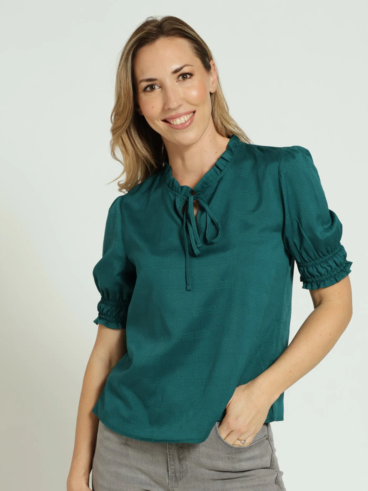 Tie Up Puff Sleeve Blouse - Teal sold by Edgars