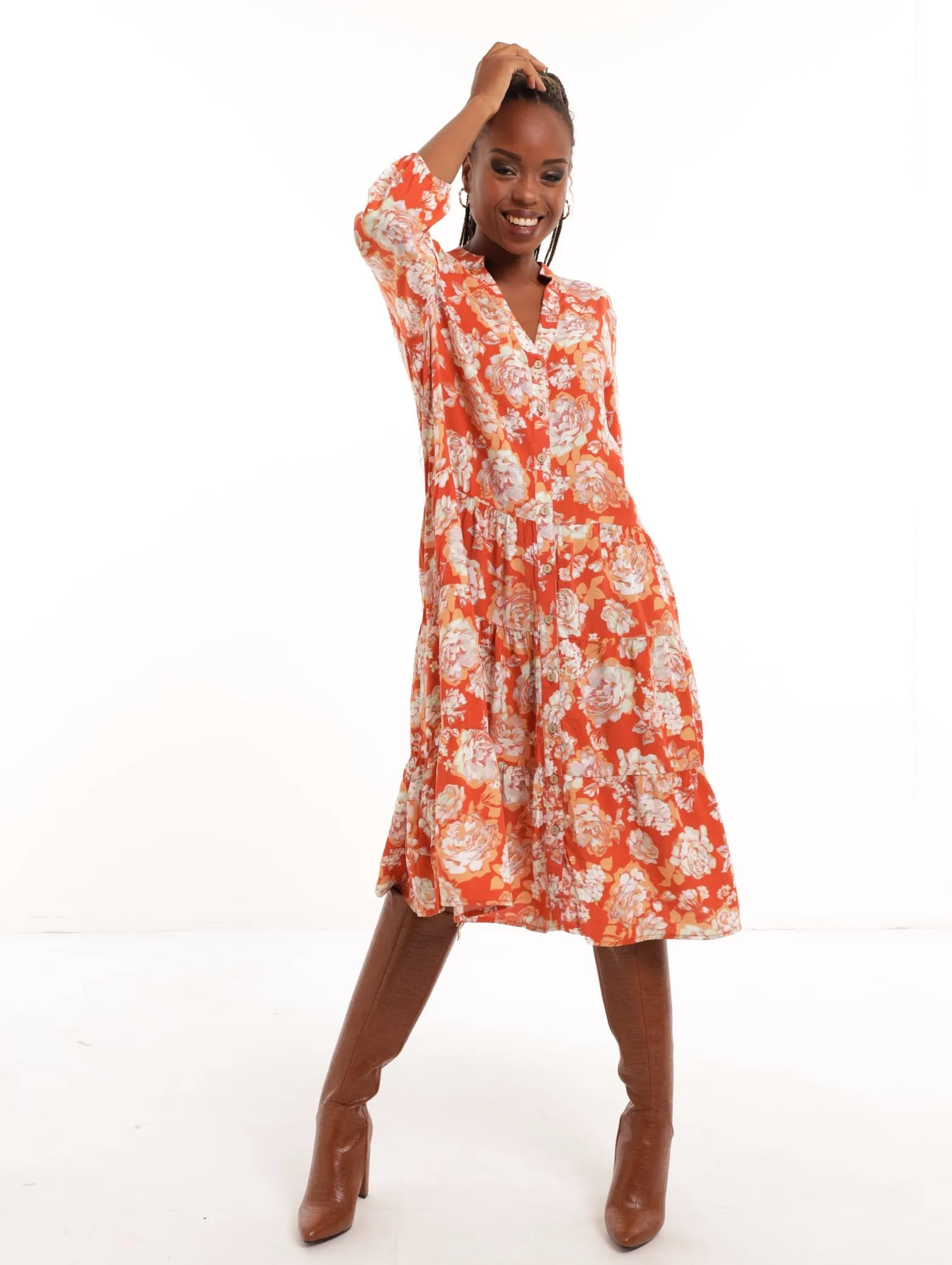 Ladies Button Front Floral Tiered Midi Dress sold by Edgars