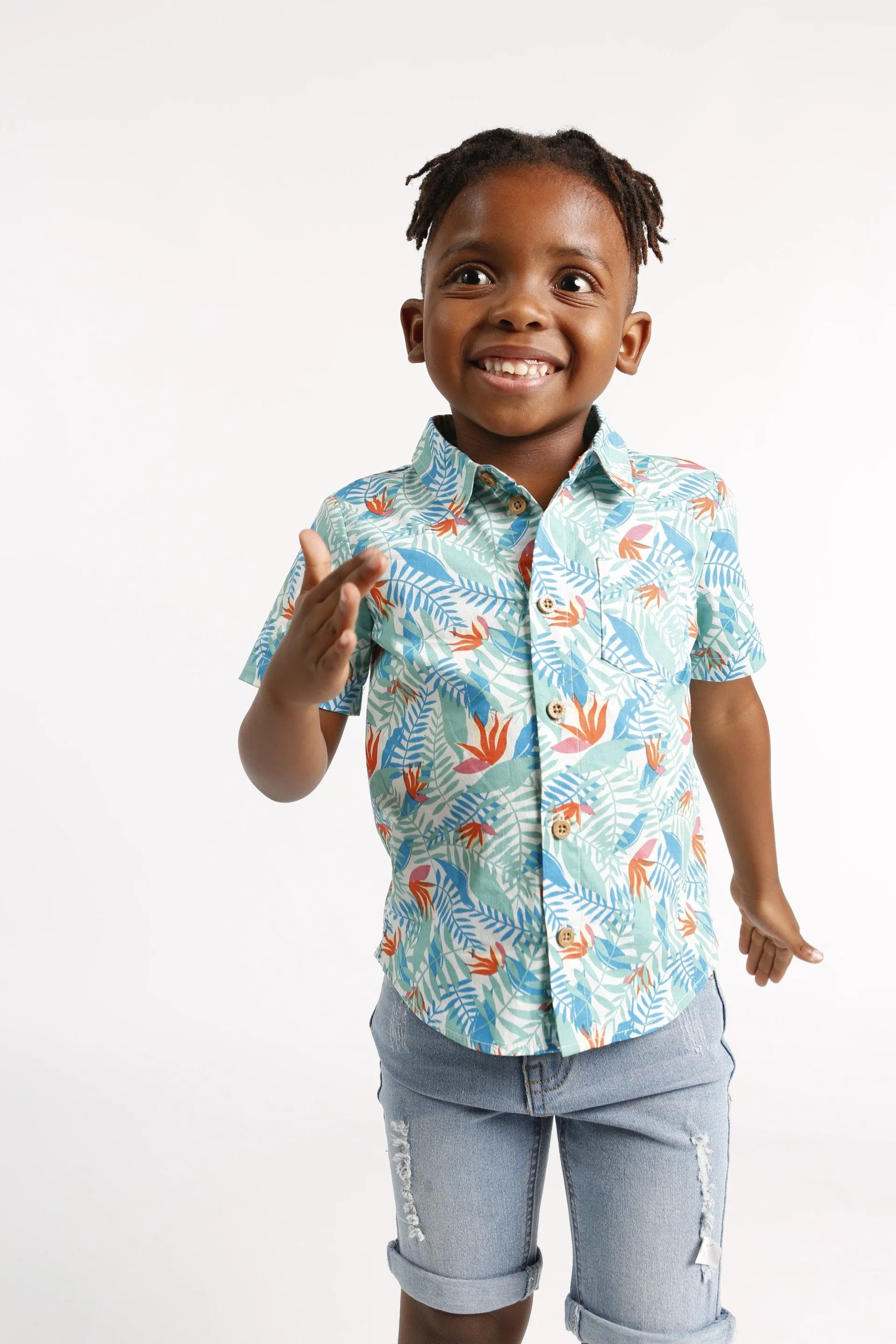 Pre-Boys Multi Leaf Print Short Sleeve Shirt - Blue sold by Edgars
