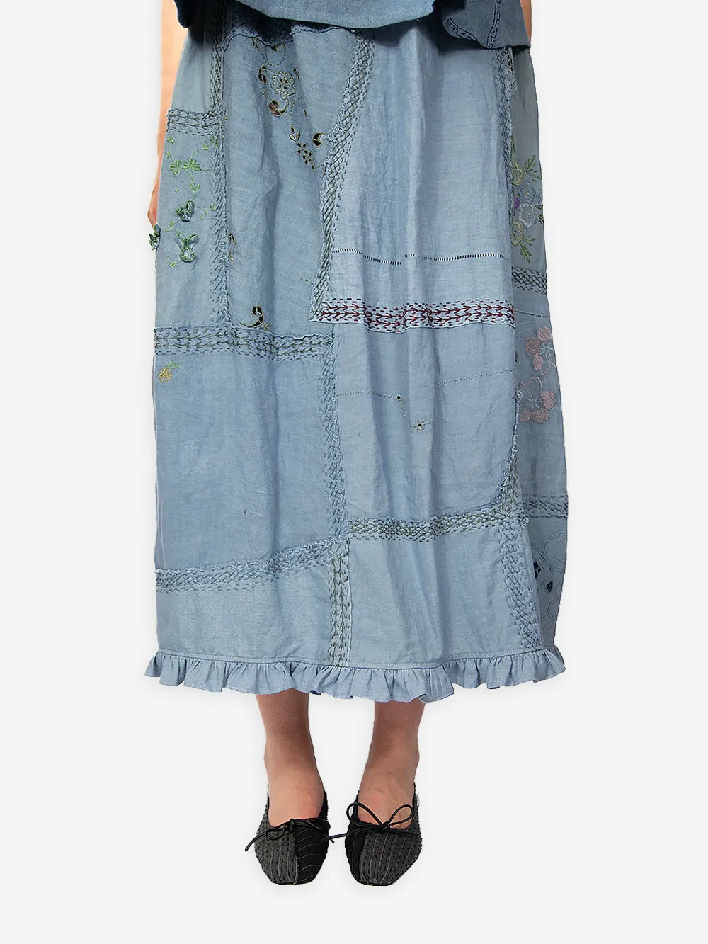 1920s Embroidered Re-Patch Linen Tala Skirt sold by By Walid