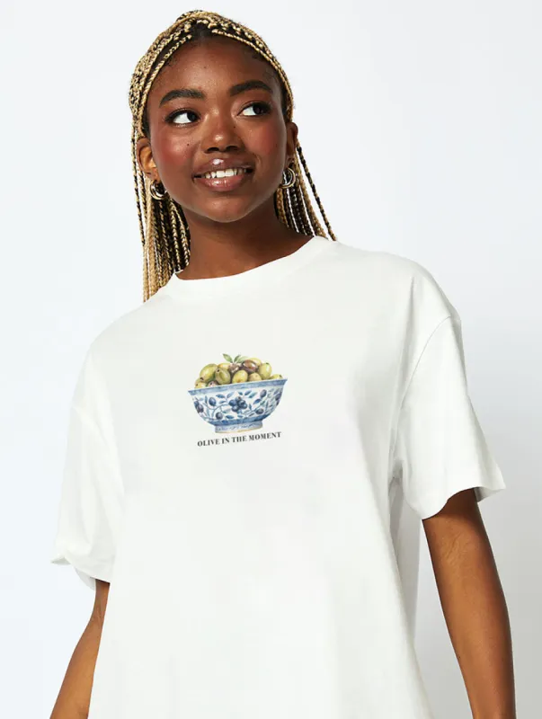 Olive in the Moment T-Shirt In Ecru sold by Skinnydip London