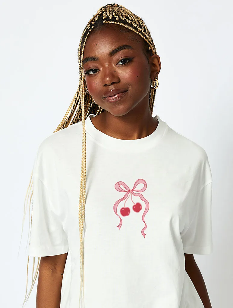 Cherry Bow T-Shirt in Ecru sold by Skinnydip London
