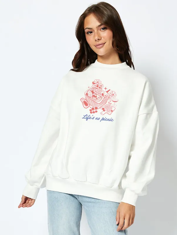 Life's No Picnic Sweatshirt in Ecru sold by Skinnydip London