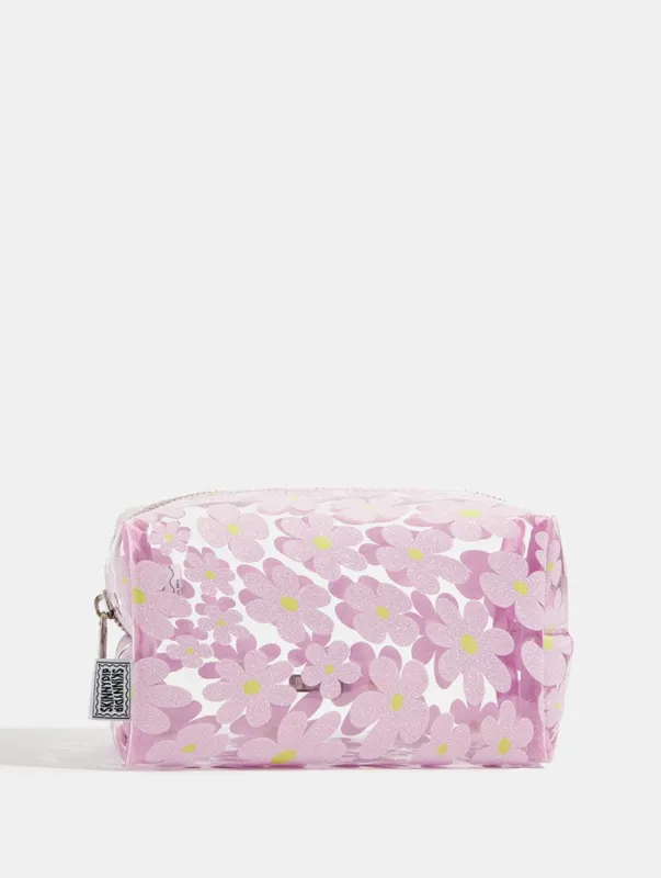 Warped Lilac Glitter Flower Makeup Bag sold by Skinnydip London