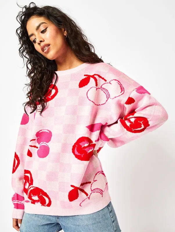 Cherry Checkerboard Knit Jumper in Pink sold by Skinnydip London