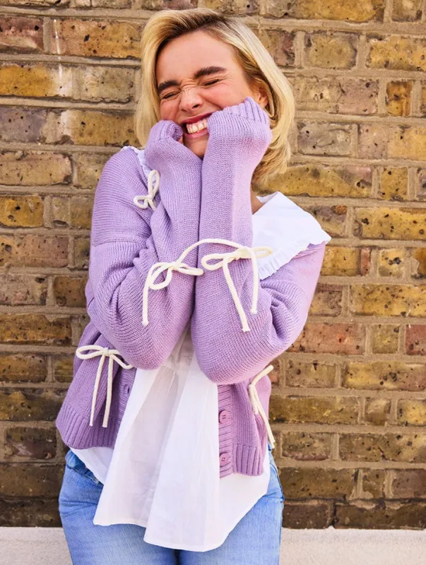In Your Bow Era Knit Cardigan in Lilac made by Skinnydip London