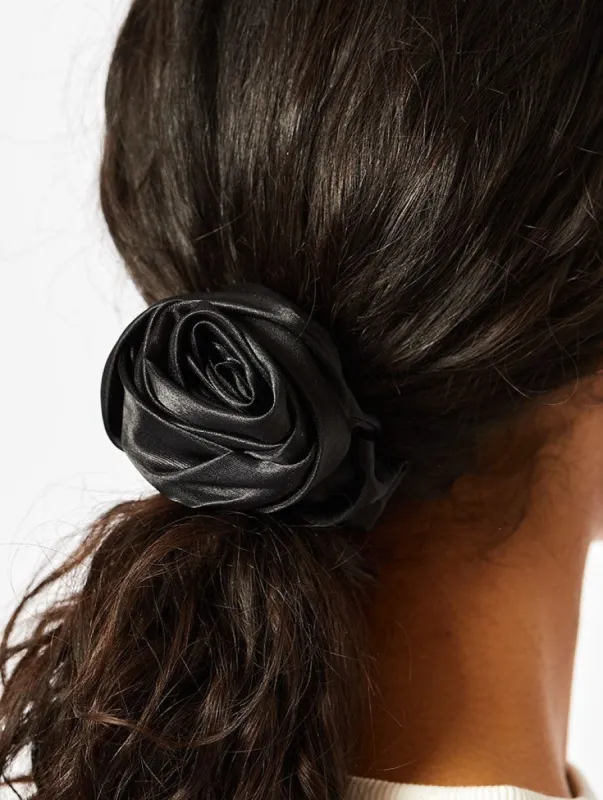 Black Satin Rose Scrunchie sold by Skinnydip London
