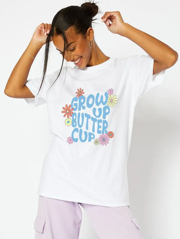 Grow Up Buttercup White T-Shirt made by Skinnydip London
